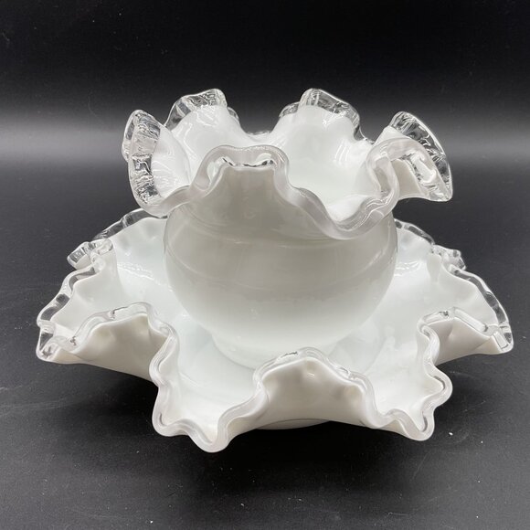 Vintage Silvercrest Fenton Vase & Dish Milk Glass 4"H x 7.5"D - Picture 1 of 7